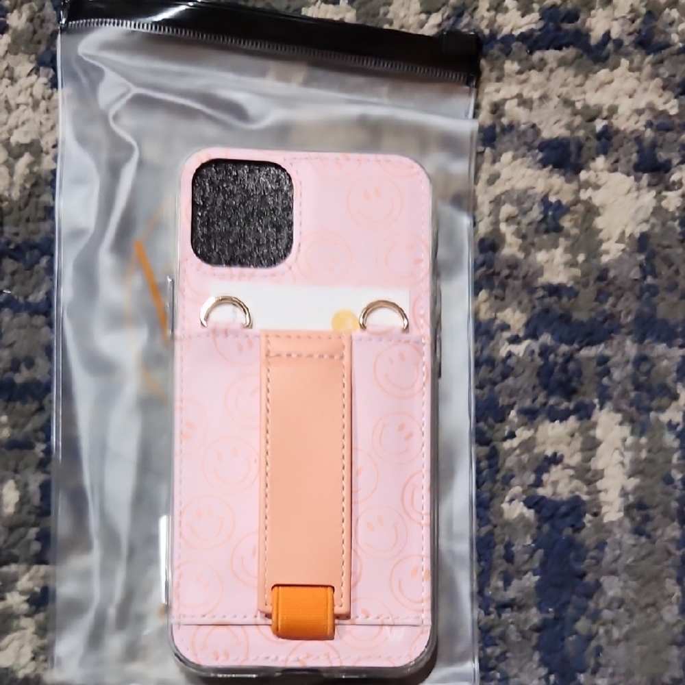 Iphone 11 Pro Pink Smiley Face Phone Case with cardholder, stand and Strap